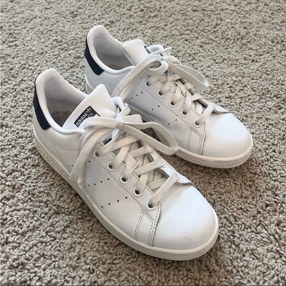 White and Navy Adidas Stan Smith Sneakers - Picture 2 of 6